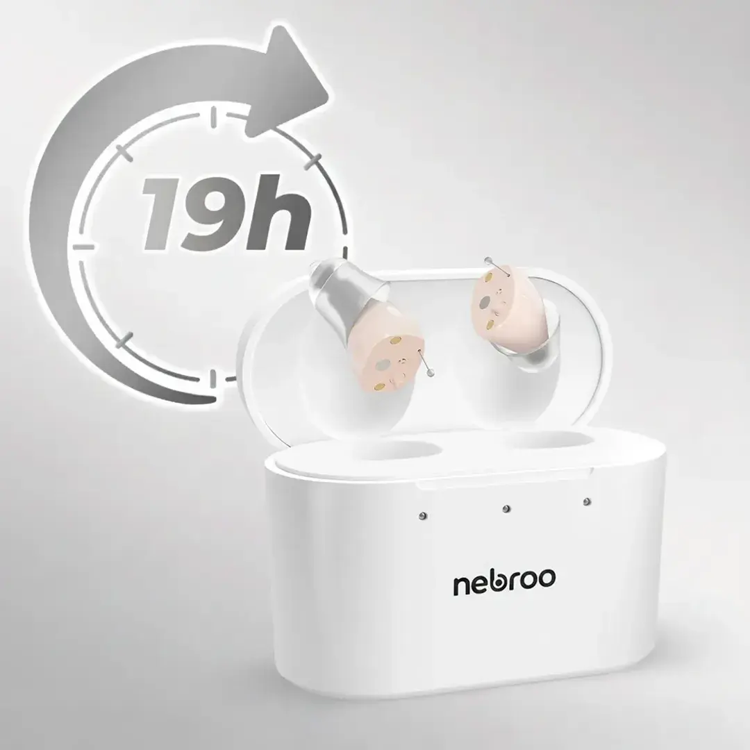 HearWell charging case with a 19-hour battery life icon