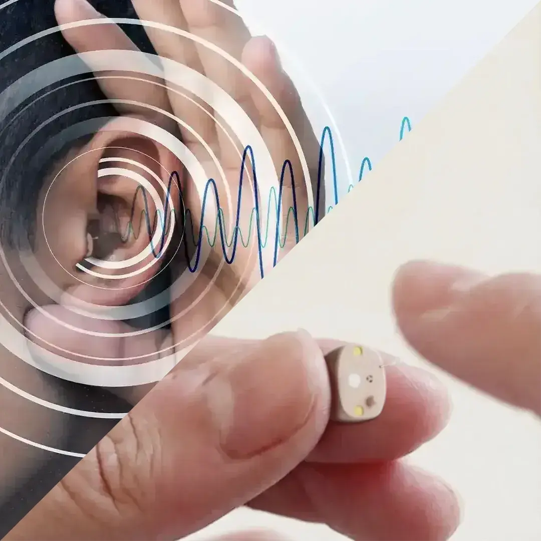 Sound waves reaching an ear beside a tiny hearing aid held between two fingers