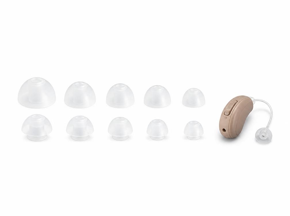 Ten ultra-soft silicone ear dome sizes included with HearWell by Nebroo
